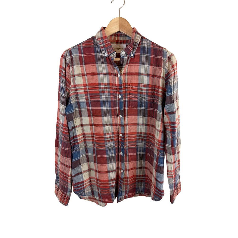 Trovata Birds of Paradis Button Down Shirt Womens Small Red Plaid Long Sleeve